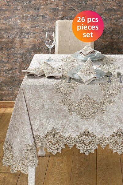 Evlen Home Collection Velvet Luxury Tablecloth Set Lacy Laced 26 Pieces Reina Cappuccino