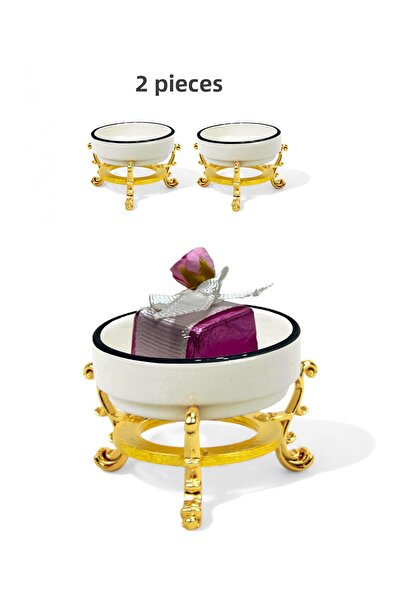 EVSTYLE Gold Colored 2-Piece Porcelain Turkish Delight Footed Set