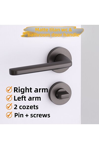 Badem10 Matte Titanium Wc Bathroom Type Door Handle with Rosette Right Left Suitable Modern Interior Door with Lock 1 Set