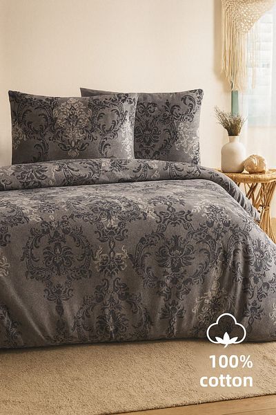 Evimcim Gift Boxed Cotton Single Duvet Cover Set Black Gray Classic Patterned Fabric (160X220 cm)