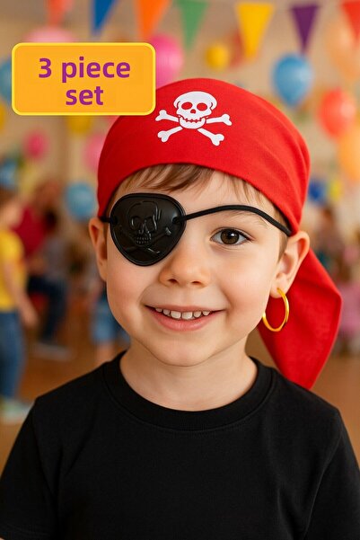 TOYFEST مجموعة أزياء القراصنة جاك سبارو مكونة من 3 قطع - باندانا وقناع عين وإكسسوار أقراط ذهبية