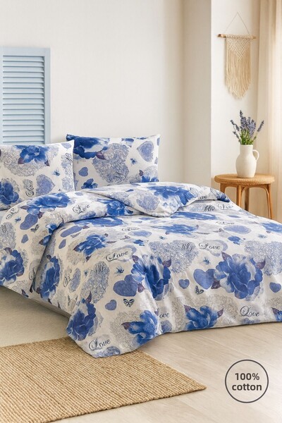 Evimcim 100% Cotton Ranforce Single Blue Floral Patterned Duvet Cover Set (Gift Boxed)