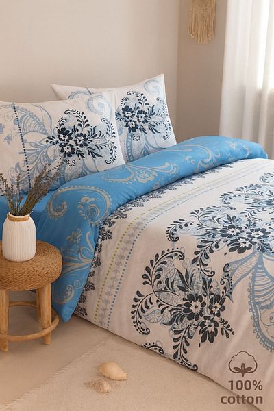 Evimcim 100% Cotton Ranforce Single Blue Patterned Duvet Cover Set (Gift Boxed)