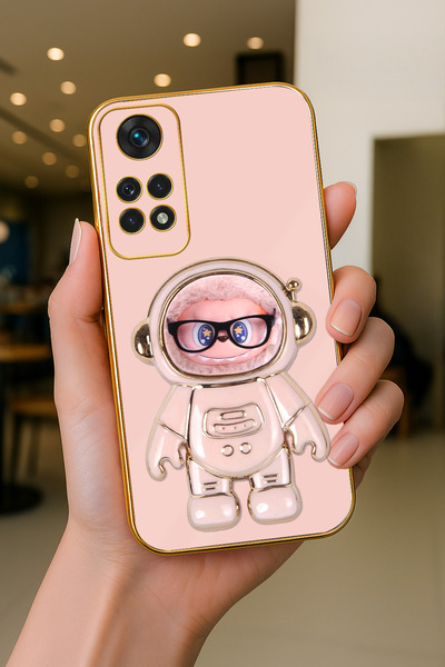 Molly Technology Rose Labubu Astronaut Stand Luxury Silicone Case with Gold Detail on the Edges for Xiaomi Redmi Note 11 Pro