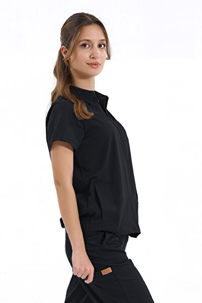 Brl Üniforma TEK ÜST Yandan Cepli Gizli Fermuar Polo Yaka Doktor/Hemşire Cerrahi Forma Siyah | BRLMEDİNİLLA