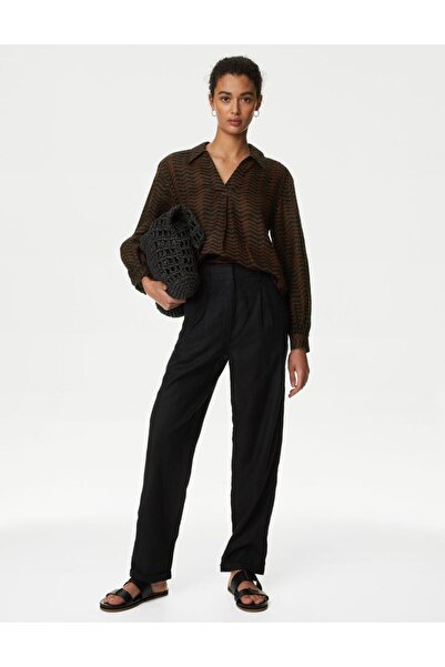 Marks & Spencer Uzun Kollu Saf Keten Popover Bluz
