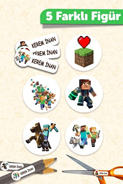 MSticker Okul Etiketi Kalem Defter isimli Etiket Isim Yazılabilen Minecr - 190 Adet Özel Yeni Tasarım