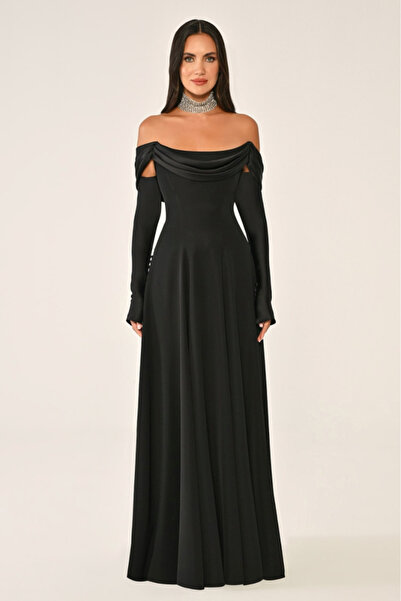 ALFABETA فستان سهرة طويل أنيق مع تفاصيل طية صدر السترة وأكمام قصيرة وأكمام طويلة