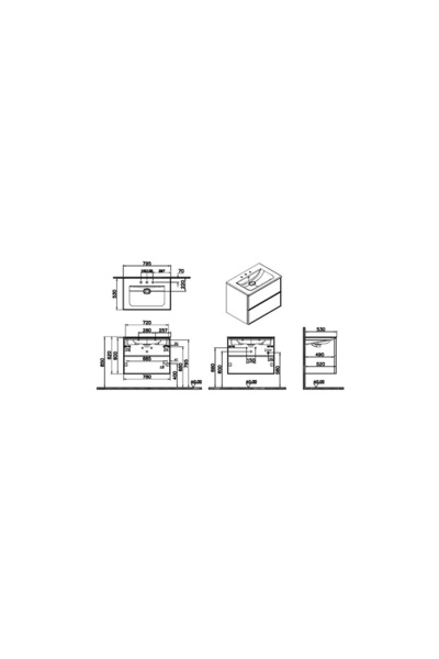 VitrA Metropole Edge Lavabo Dolabı, Çift Çekmeceli, Etajerli 3 Armatür Delikli Lavabolu, 80 Cm, Açık