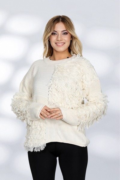 NEWCO Women's Ecru Colored Patchwork Design Textured Knitwear Sweater - Oversized and Comfortable Form