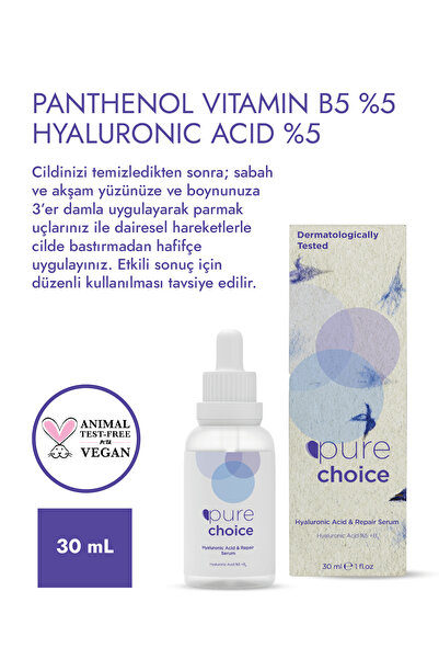 Pure Choice Yoğun Nemlendirici ve Onarıcı Bakım Serumu %5 Hyaluronik Asit + %5 Panthenol (Vitamin B5) 30 ml