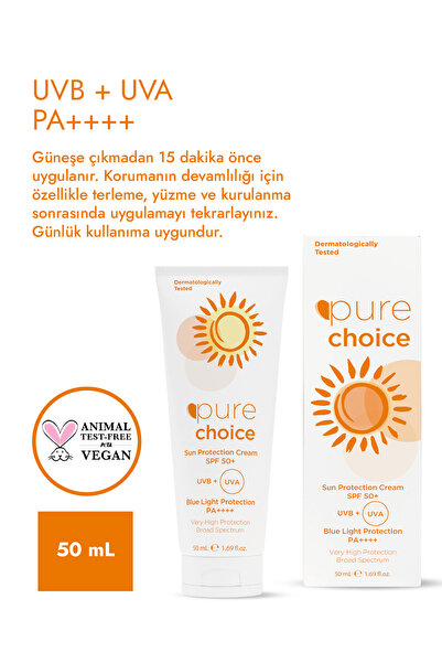 Pure Choice SPF 50+ Güneş Koruyucu Krem, 50ml - Suya Dayanıklı Çok Yüksek Koruma