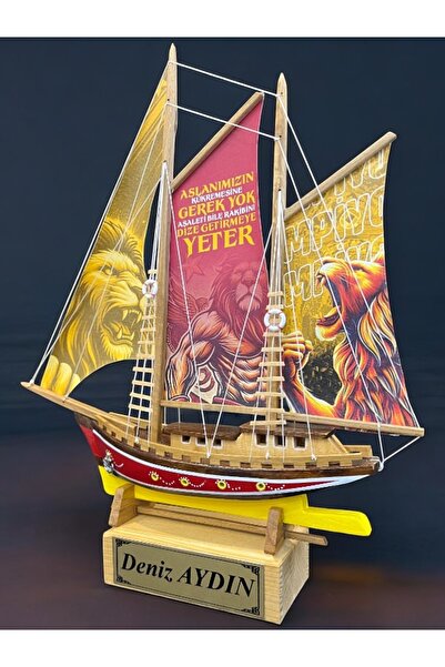 Genel Markalar Led Işıklı Büyük Boy Ahşap Gemi Maketi - Sarı Kırmızı - El Yapımı