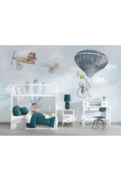 Genel Markalar Gökyüzünde Uçak Balonlar ve Sevimli Hayvanlar Duvar Kağıdı