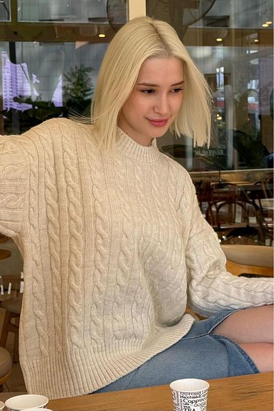 Madmext Ecru Crew Neck Knitted Patterned Women's Knitwear Sweater Mg2520