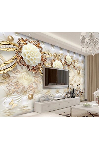 Özen Duvar Kağıtları 3 Boyutlu Tv Arkası Gold Çiçekler