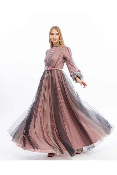 Asees Balloon Sleeve Tulle Flower Embroidered Evening Dress with Belt