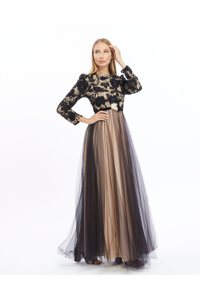 Asees Balloon Sleeve Pattern Tulle Hijab Evening Dress