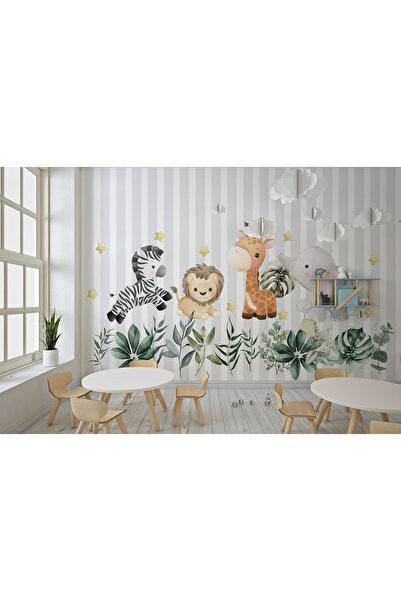 Genel Markalar Safari Hayvanları Ve Yapraklar Çocuk Odaları Için Duvar Kağıdı