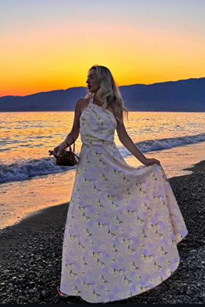 Madmext Lila Önü Büzgülü Çiçekli Uzun Elbise MG2363