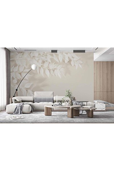 Özen Duvar Kağıtları 3 Boyutlu Krem Rengi Yapraklar Duvar Kağıdı