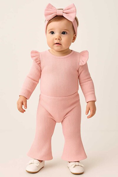 bebekpare Girl's Corded Top and Bottom Spanish Set Powder 100% Cotton