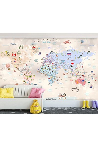 Genel Markalar Dünya Haritası Ülke Bayrakları Eğitici Çocuk Odası Duvar Kağıdı