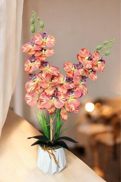 YAPAY ÇİÇEKÇİNİZ Beyaz Renkli Beton Saksıda 2 Dallı Islak Dokulu Yüksek Kaliteli Yapay Orkide