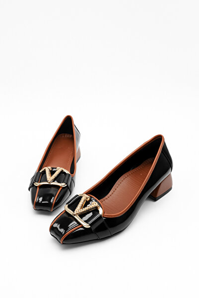 İmerShoes Daily Women's Black Tan Patent Leather Loafer Heeled V Buckle and Stitching Detailed Blunt Toe Shoes 6001