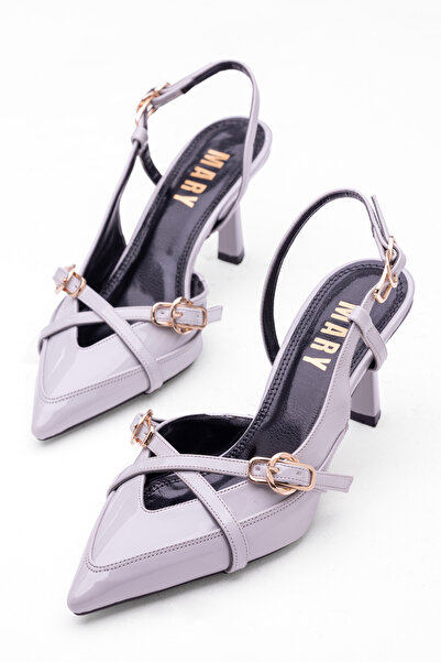 Tasarım Pantofi cu toc pentru femei din piele lacuită bucolică, cu cataramă în față, cu două bretele