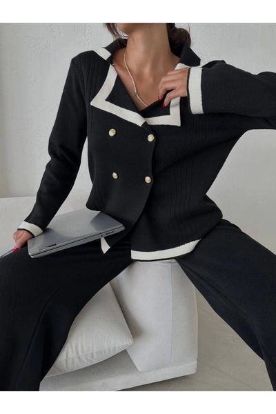 Lusin Women's Gold Button Detailed Cardigan and Palazzo Trousers Top and Bottom Knitwear Set