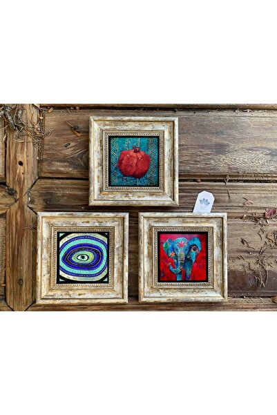 Oscar Stone Decor Çerçeveli Taş Duvar Dekoru Tablo 3'lü Set 20x20cm Nazar Göz Fil Nar Tablosu