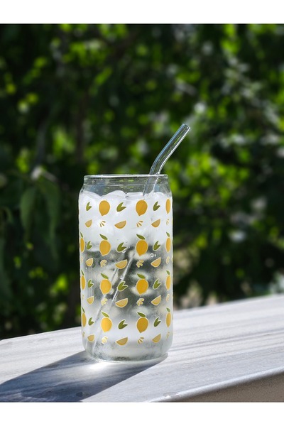 Store Pinterest Bardak Pipetli Cam Bardak Limon Desenli Isıya Dayanıklı (500 ML)