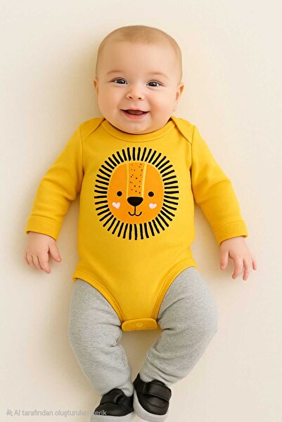 bebekpare Yellow-Grey Lion Patterned 2-Piece Baby Bodysuit Set - 100% Cotton