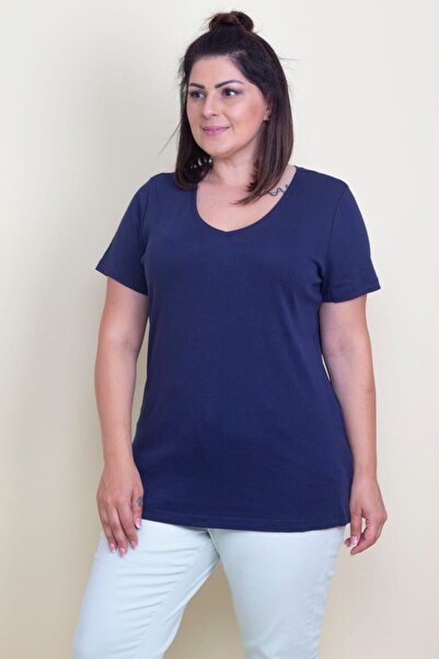 Şans Women's Large Size Navy Blue Cotton Fabric V-Neck Blouse 65n17529