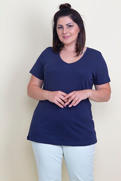 Şans Women's Large Size Navy Blue Cotton Fabric V-Neck Blouse 65n17529