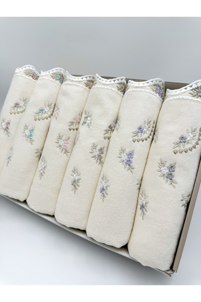 AYHANHOME Flower Embroidered Boxed Velvet 6-Piece 50X90 Hand Face Towel Set