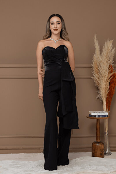 BEYBOS Atlas Saten Detailed Στράπλες Βραδινή Ολόσωμη Φόρμα - ΜΑΥΡΟ