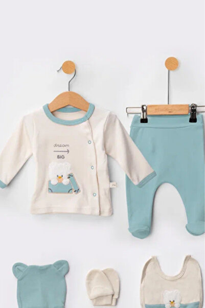 Bamoola for Babies Organic Baby Boy Teddy Bear Patterned 5-Piece Jumpsuit Hospital Release Newborn Outfit Baby Bib