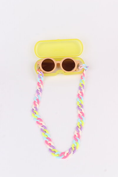 MACERATİ Nordic Unisex Mustard 0-8 Years Old Cool Kids Set of 3 Sunglasses Glasses Case and Glasses Chain