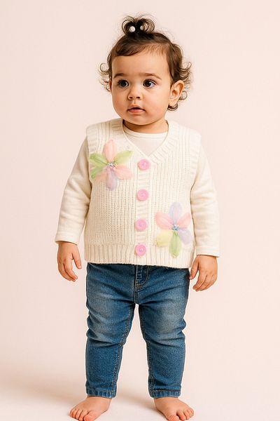 Nimini Kids New Season Flower Detailed Buttoned Knitwear Thessaloniki Knitted Baby Girl Children's Vest (0-8 Years)
