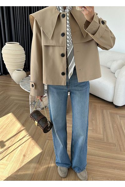 My Blog Beige Sakura Wide Collar Short Trench Coat - 7530
