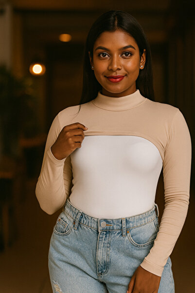 mirach Esnek Dik Yaka Boyunluklu Kolluk Penye Pamuk Uzun Kollu Tesettür Bodysuit Kolluk Likralı