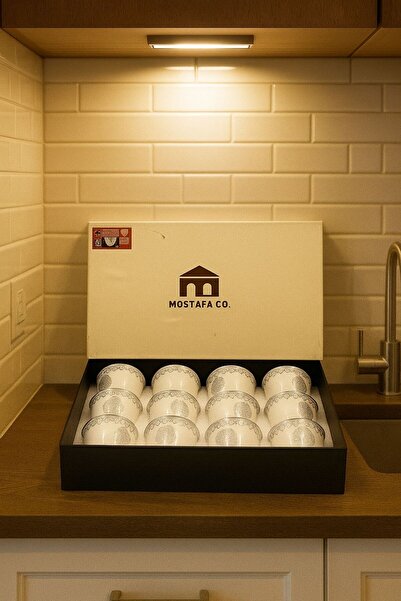 MOSTAFA طقم فناجين قهوة 12حبة باللون الأبيض بنقشة فضي