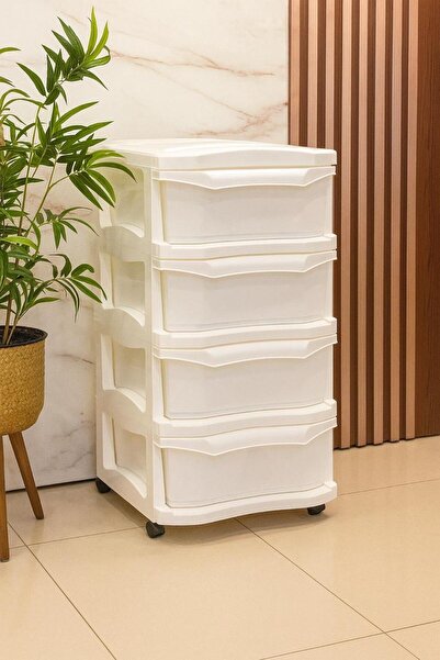 MOSTAFA 4-Tier Multi-Use Storage Cabinet with Wheels, White Plastic