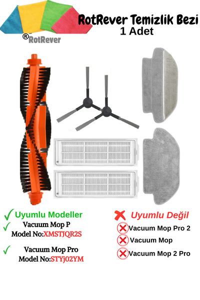 RotRever Xiaomi Vacuum Mop P-Mop Pro Styj02ym Uyumlu Fırça,Hepa Filtre,Paspas,RotRever Bez Seti-8 Parça