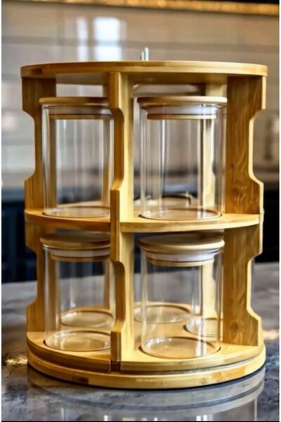 Dia Set of 10 Bamboo Flat Vacuum Lids with Rotating Stand and Labels Borosilicate Glass Spice Rack Set Storage Jar