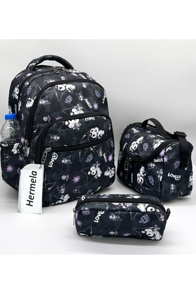 Bevitton Black Primary School Bag for Girl - Set of 3 Character Patterned