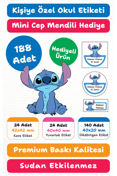 repro design 188 Adet Stitch Kişiye Özel Okul Etiketi Kalem Defter Kitap İsim...