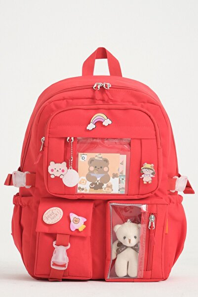 Roxbros Kawaii Kore Tarzı Aksesuarlı 3'lü Set Çocuk İlkokul Çantası Kalemlikli Beslenme Çantalı Sırt Çantası